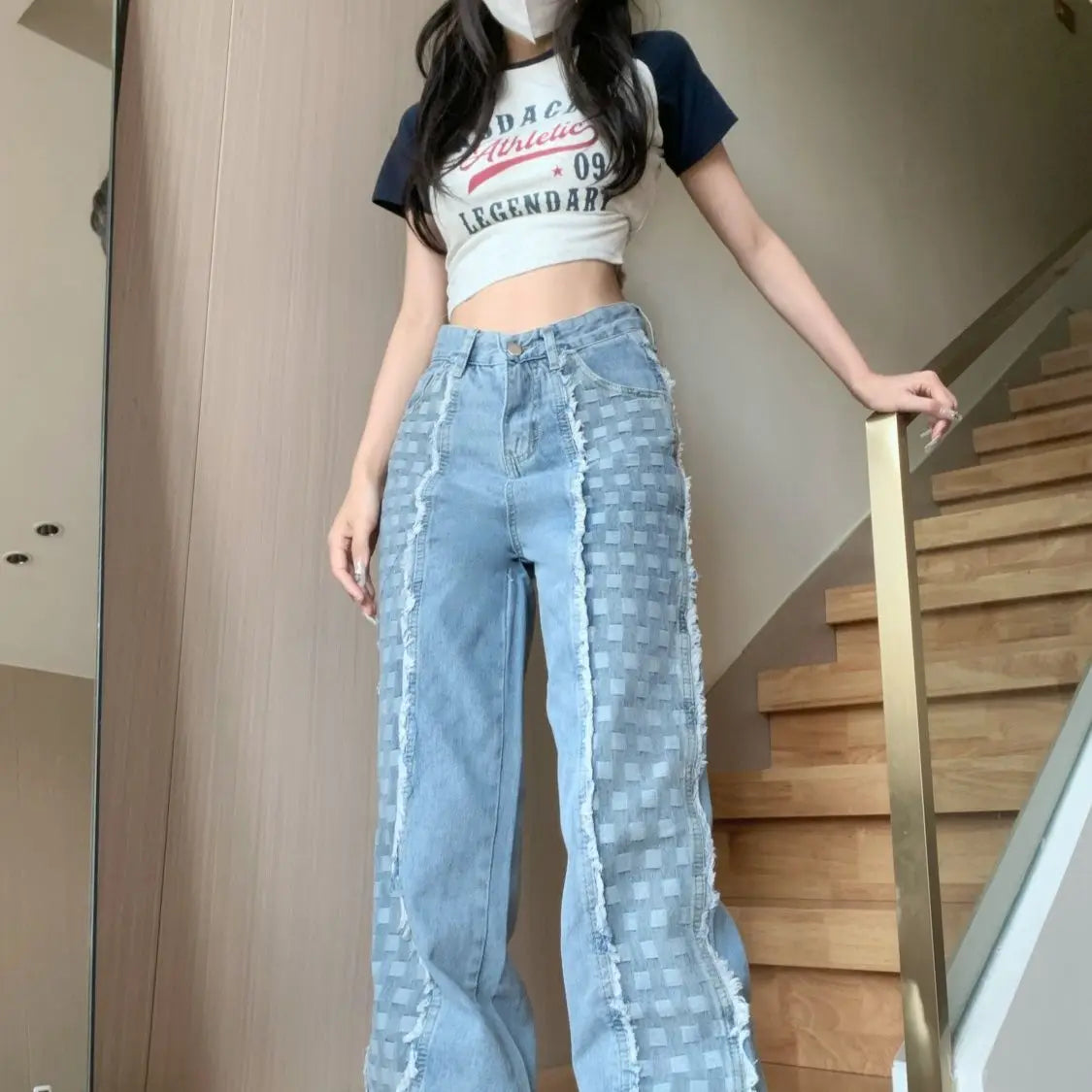 Plaid Splicing Straight Leg Jeans, High-Waisted Loose Pants for Women
