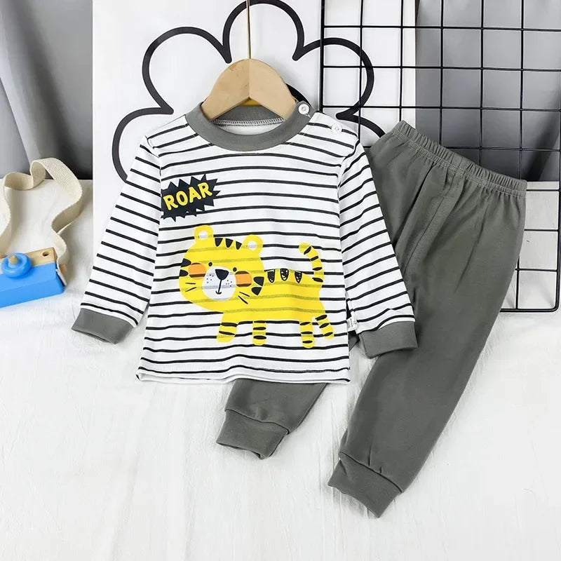 Kids Pajama Set, Cartoon Print Long Sleeve T-Shirt & Pants