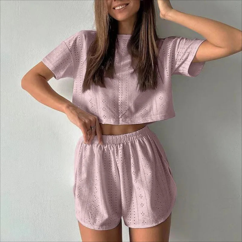 Women’s Spring Pajama Set – Long Sleeve Top & Shorts, Loose Round Neck Sleepwear