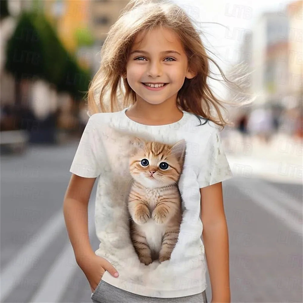 Girl's 3D Cat Print T-Shirt, Short Sleeve Summer Top, Casual Kids Clothing