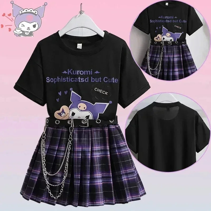 Kawaii Kuromi Skirt Suit, Sanrio Anime Preppy T-Shirt & Pleated Skirt, JK Uniform