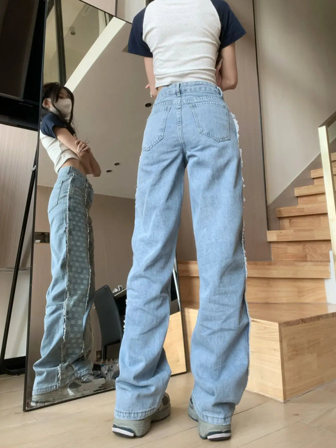 Plaid Splicing Straight Leg Jeans, High-Waisted Loose Pants for Women