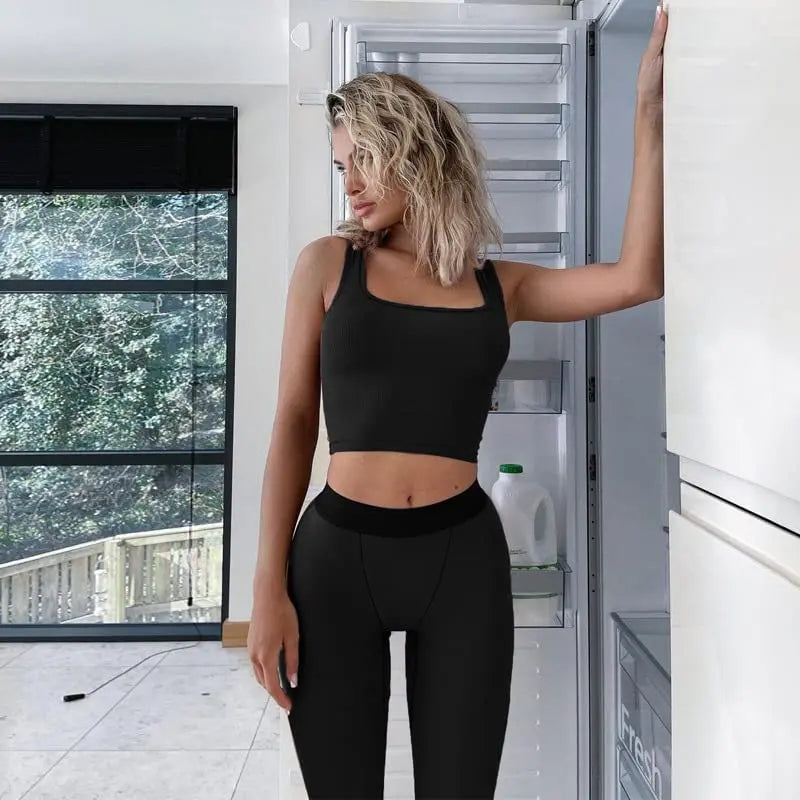 Women’s Casual Workout Set, Ribbed Crop Tank & High Waist Yoga Leggings