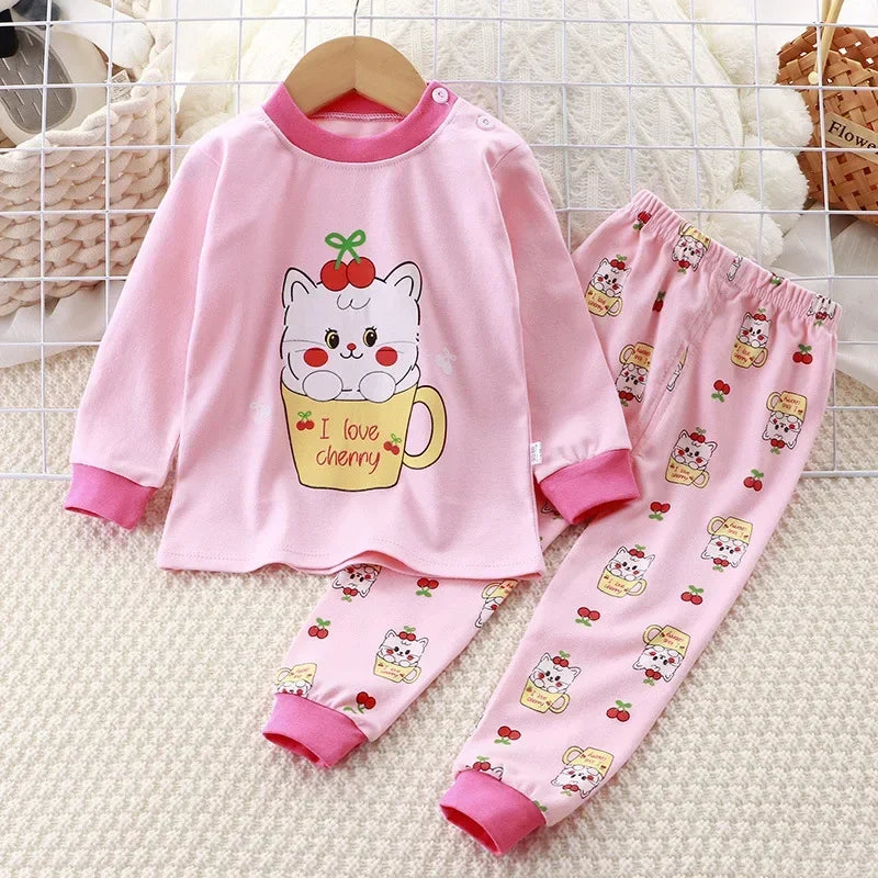 Kids Pajama Set, Cartoon Print Long Sleeve T-Shirt & Pants
