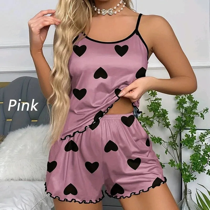 Women’s Heart Print Pajama Set, Ice Silk Camisole & Shorts, Summer Sleepwear