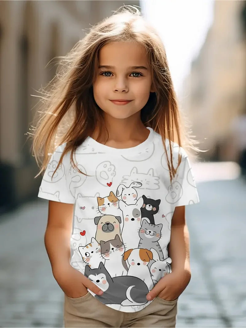 Kids T-Shirt, Cartoon Cat Kawaii Short Sleeve Top, Girls Summer Clothes