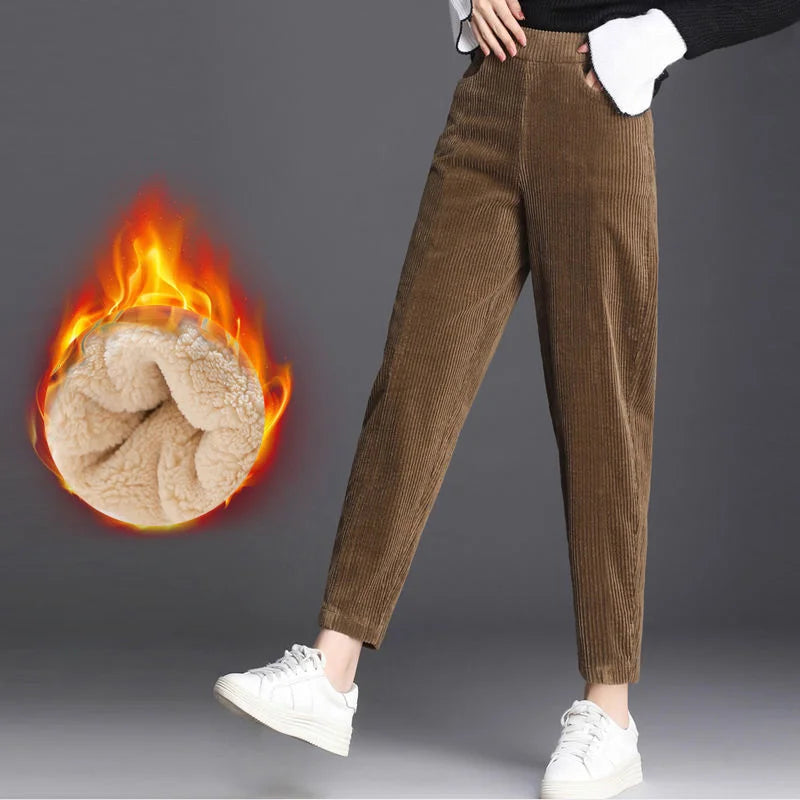 Women’s Corduroy Warm Pants, High Waist Plush Harem Trousers