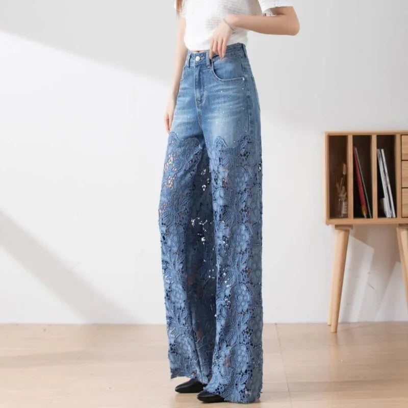 High Waist Lace Patchwork Jeans, Oversized Loose Casual Pants for Women