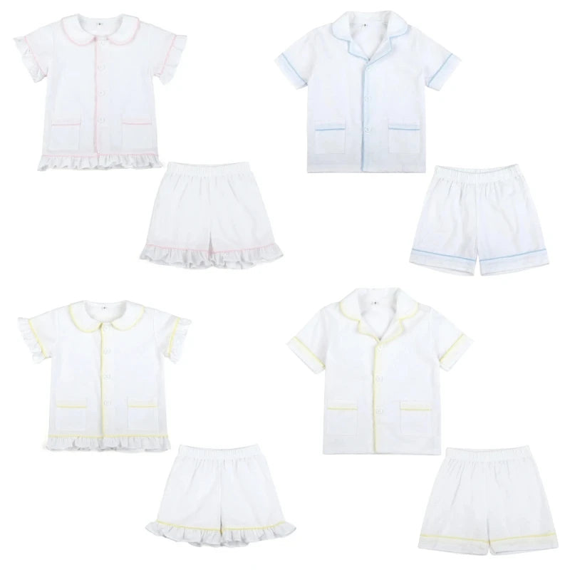 Summer Kids Pajama Set, Cotton Seersucker Matching Sleepwear for Boys & Girls
