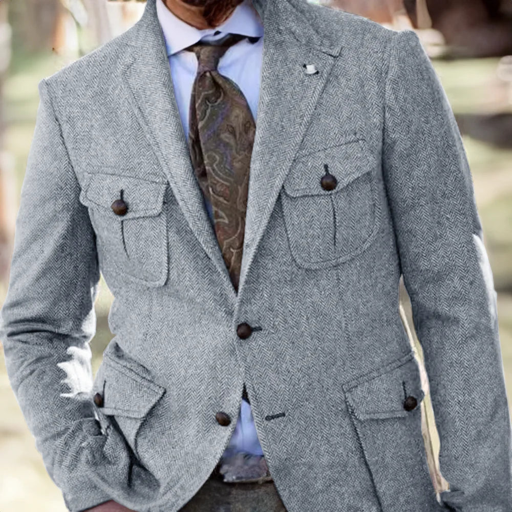 Men's Retro Herringbone Blazer Formal Wool Steampunk Jacket for Office Wear