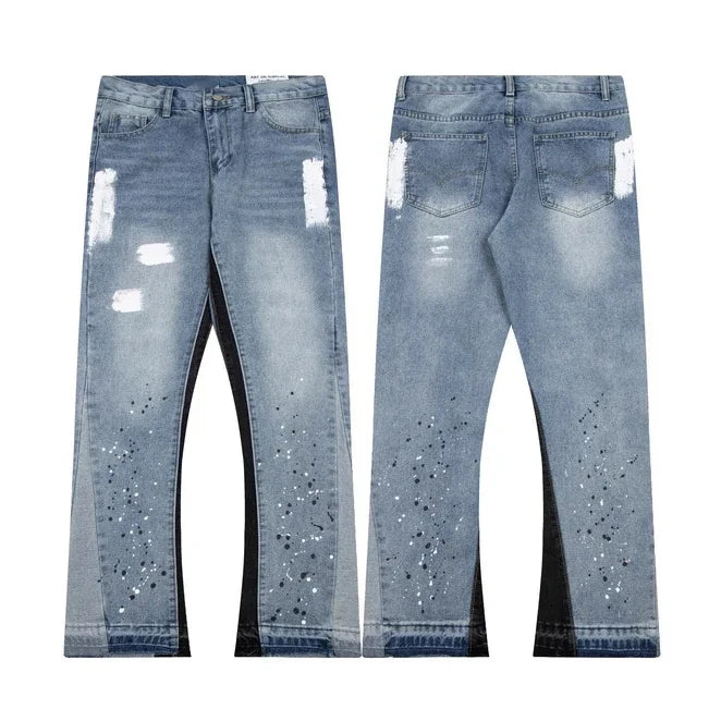 Retro Washed Spliced Denim Loose Straight Micro-Flared Jeans