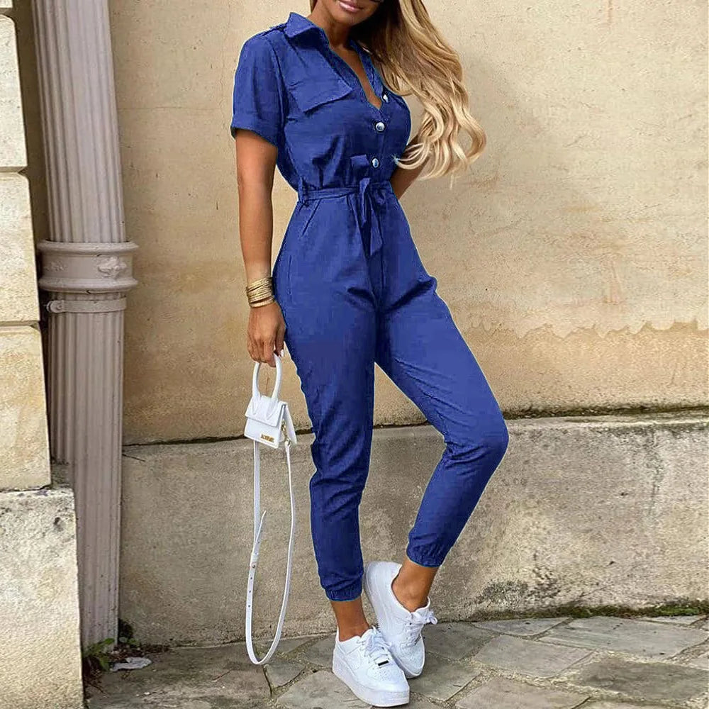 Women’s Monochromatic Belt Jumpsuit, Casual Pants, Flip Collar, Buckle, Summer