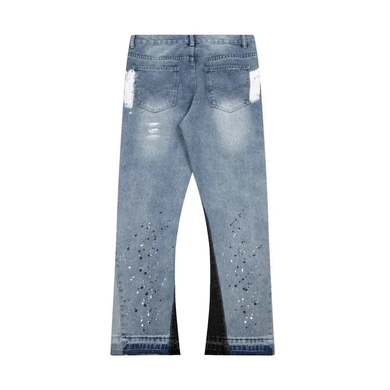 Retro Washed Spliced Denim Loose Straight Micro-Flared Jeans