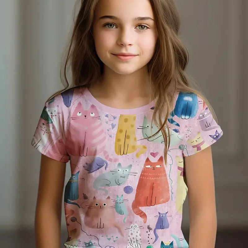 Kids T-Shirt, Cartoon Cat Kawaii Short Sleeve Top, Girls Summer Clothes