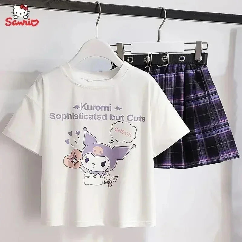 Kawaii Kuromi Skirt Suit, Sanrio Anime Preppy T-Shirt & Pleated Skirt, JK Uniform