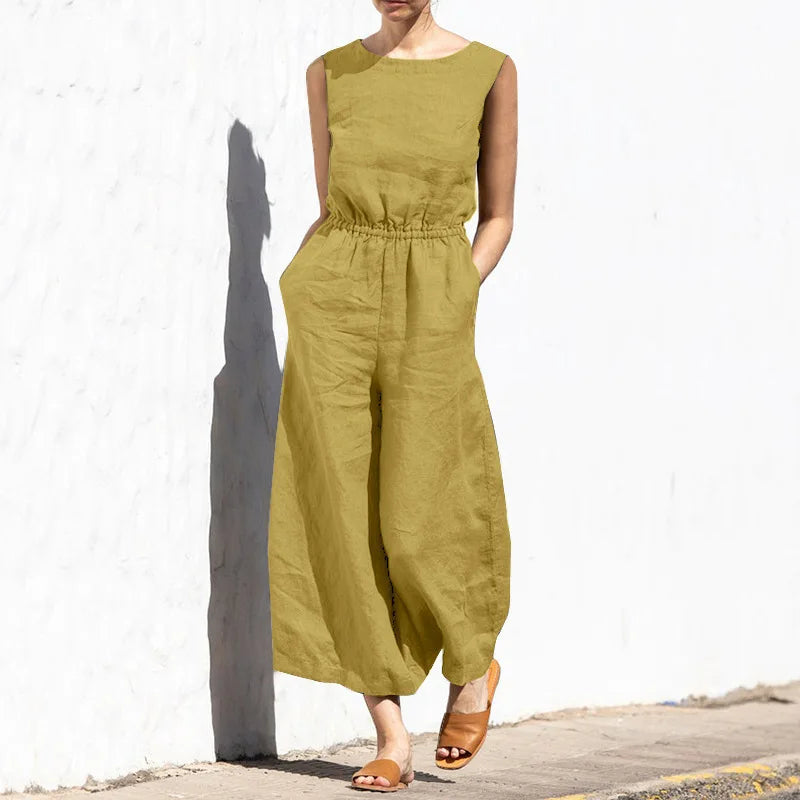 Summer Solid Color High Waist Women’s Casual Jumpsuit, O-Neck, Elegant Holiday Romper
