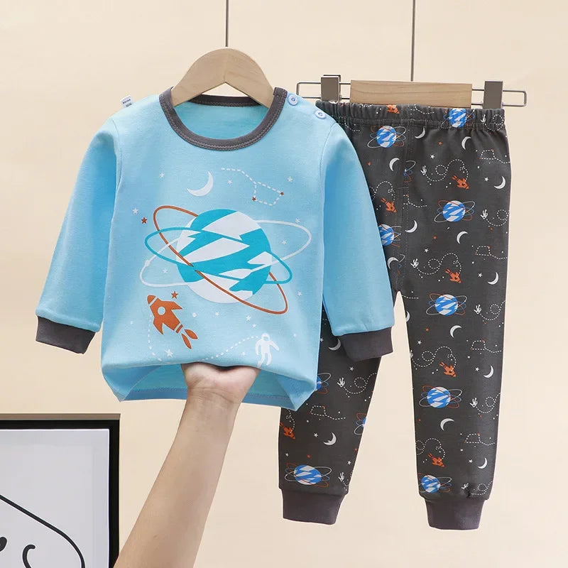 Kids Pajama Set, Cartoon Print Long Sleeve T-Shirt & Pants