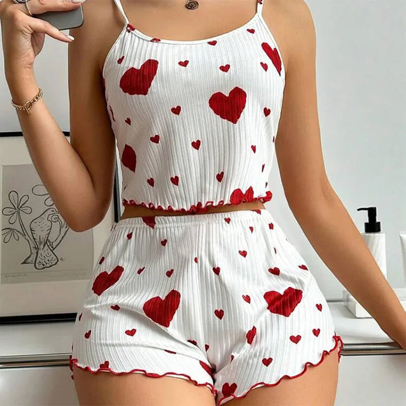 Women’s 2-Piece Pajama Set, Tank Top & Shorts, Soft Casual Sleepwear with Love Print