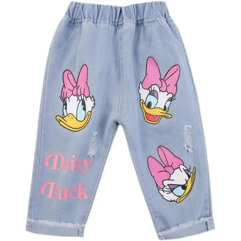 Spring Summer Kids Cartoon Daisy Jeans, Loose Denim Pants for Girls (2-6Y)