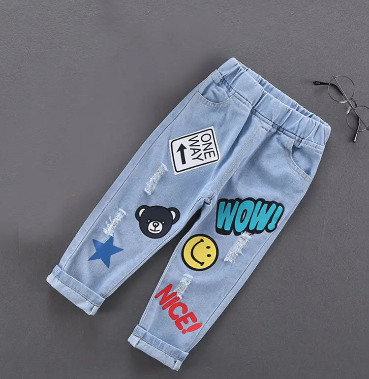 Spring Autumn Kids Boys Stretch Denim Jeans, Cotton Splice Ripped Pants