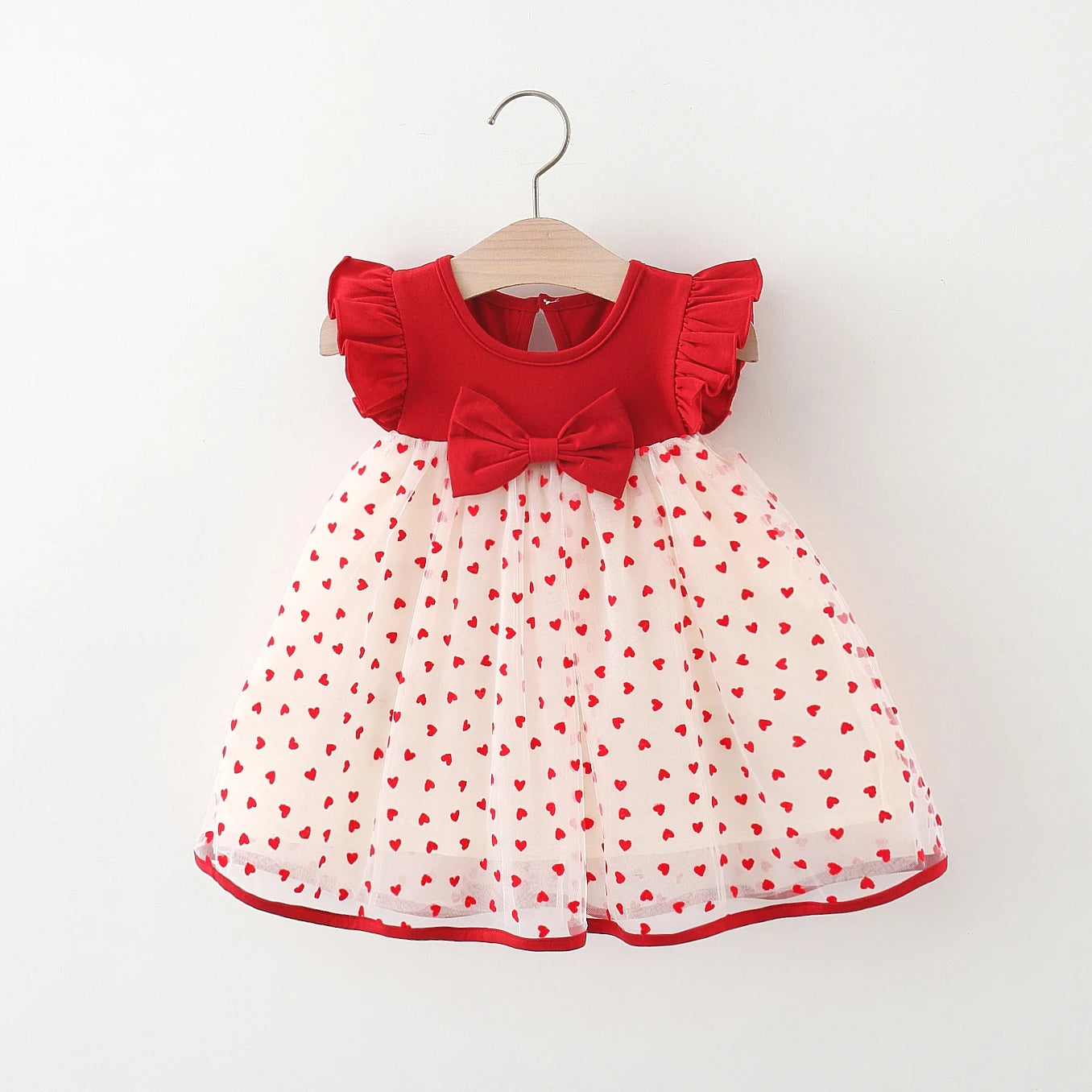 Baby Girl Red Heart Embroidered Mesh Bow Tutu Dress, Birthday Party Clothes