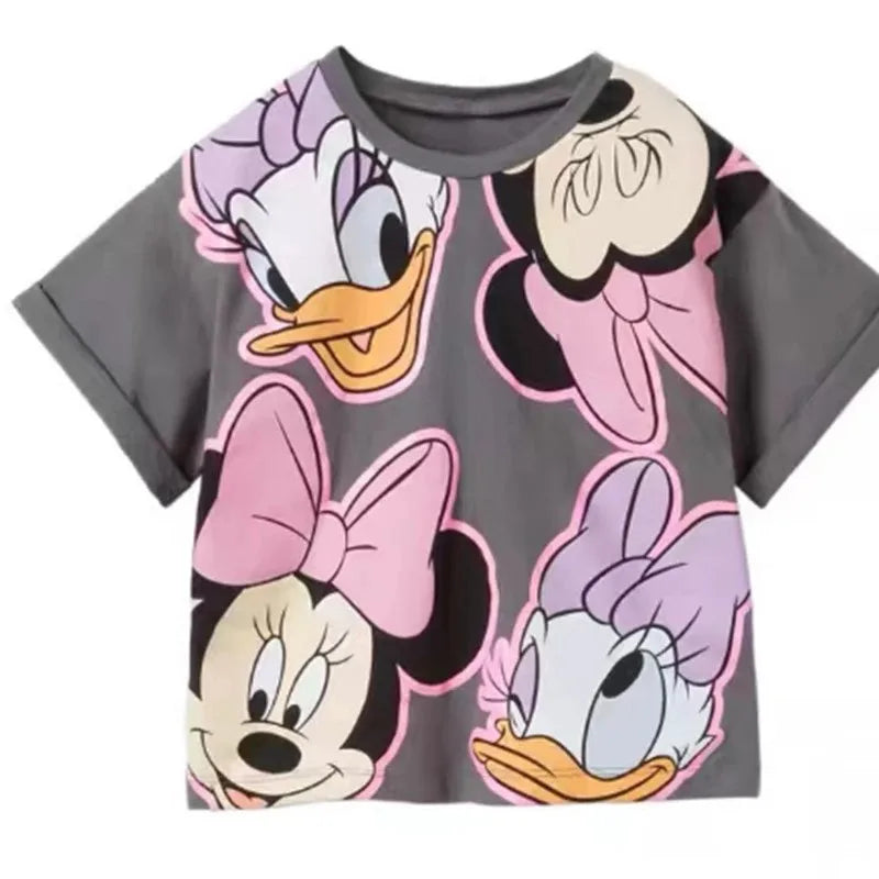 Girls' Minnie Print T-Shirt, Summer Short Sleeve Cartoon Tee, Round Neck Cute Top