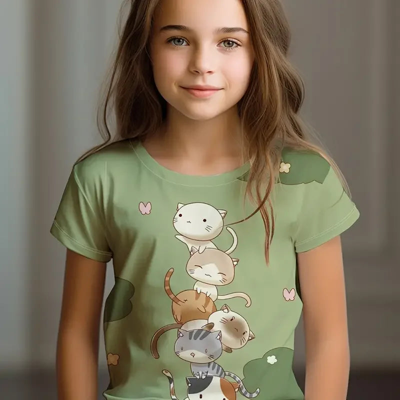 Kids T-Shirt, Cartoon Cat Kawaii Short Sleeve Top, Girls Summer Clothes