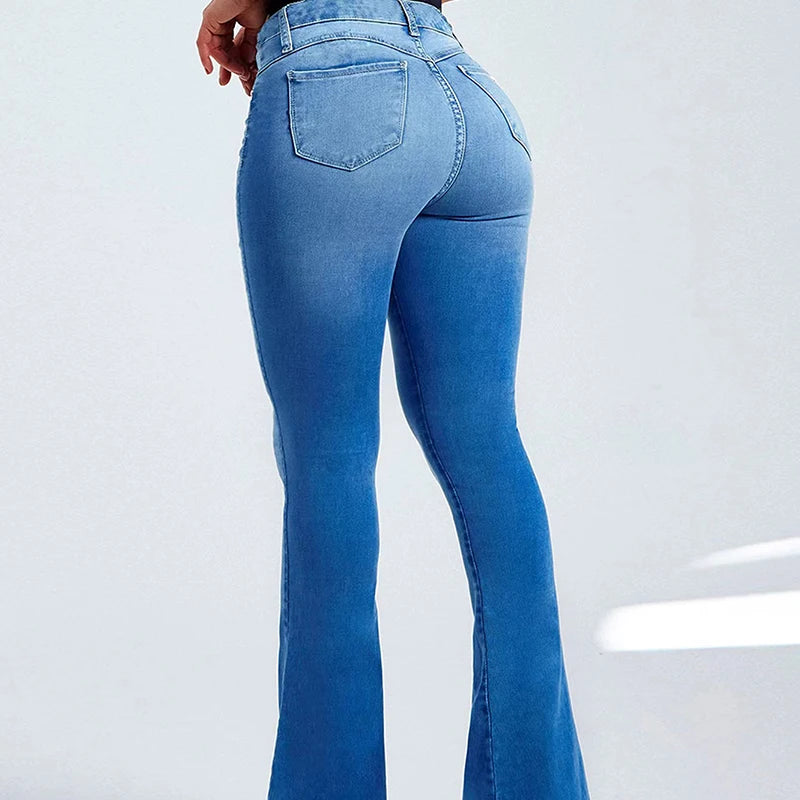 Spring new high-waisted slim-fit stretch bell-bottomed jeans for women