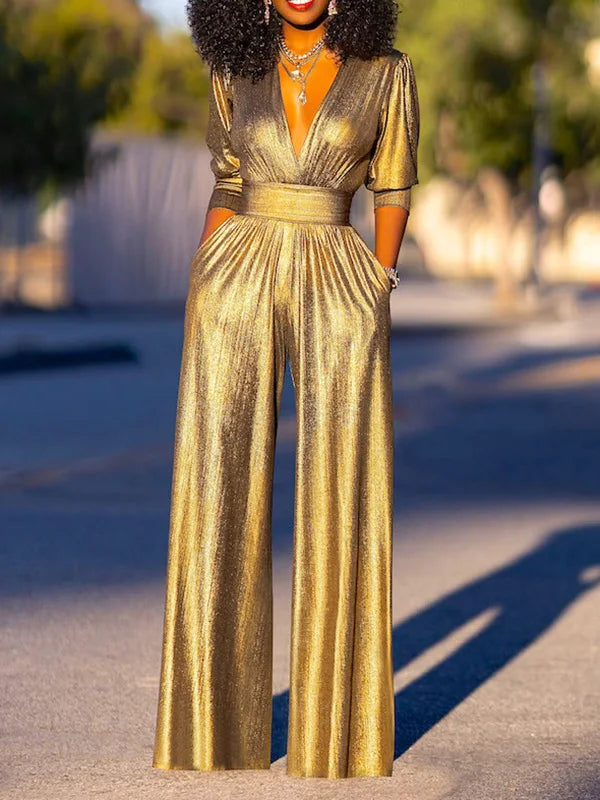 Freeacy V-Neck High Waist Jumpsuit, Summer Wide Leg Overalls, Three-Quarter Sleeves