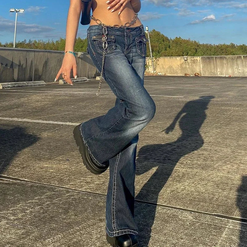 Y2K Flare Low Rise Jeans, Baggy Denim Bell Bottoms for Girls