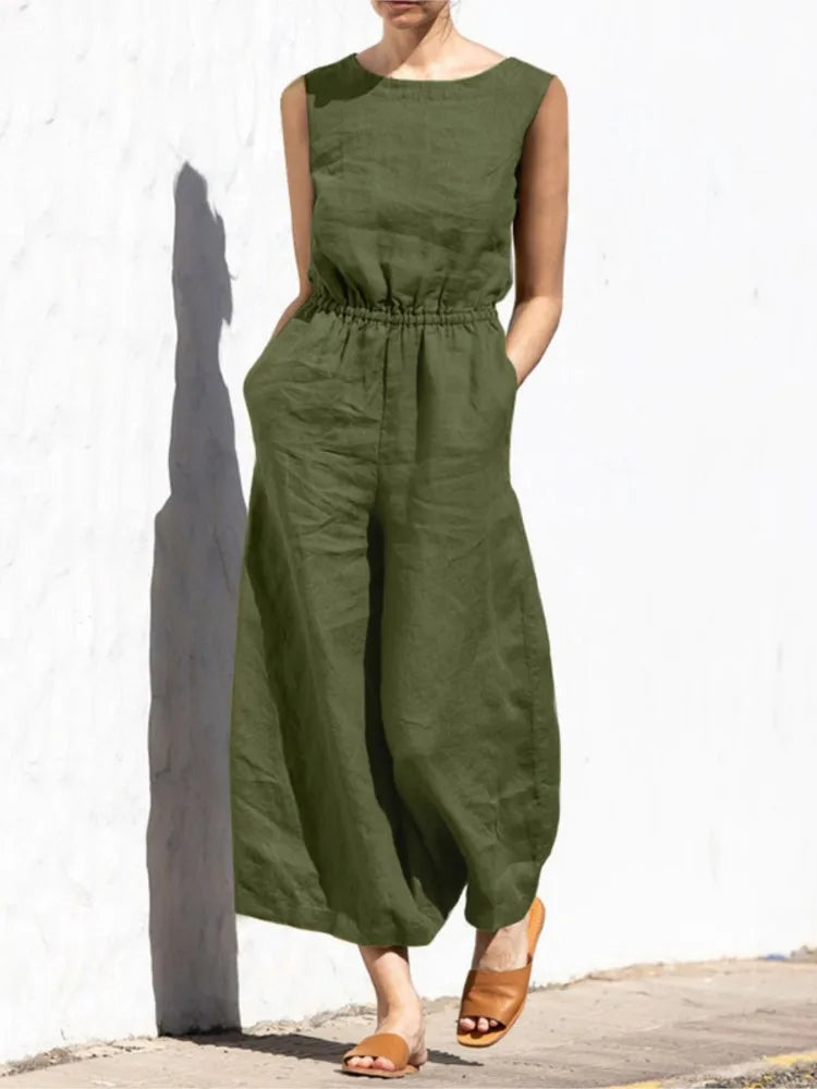Summer Solid Color High Waist Women’s Casual Jumpsuit, O-Neck, Elegant Holiday Romper