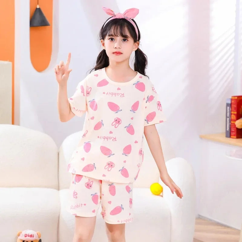 2-10 Years Kids PJs, Cotton Summer Pajama Set for Boys & Girls, Short Sleeves Sleepwear