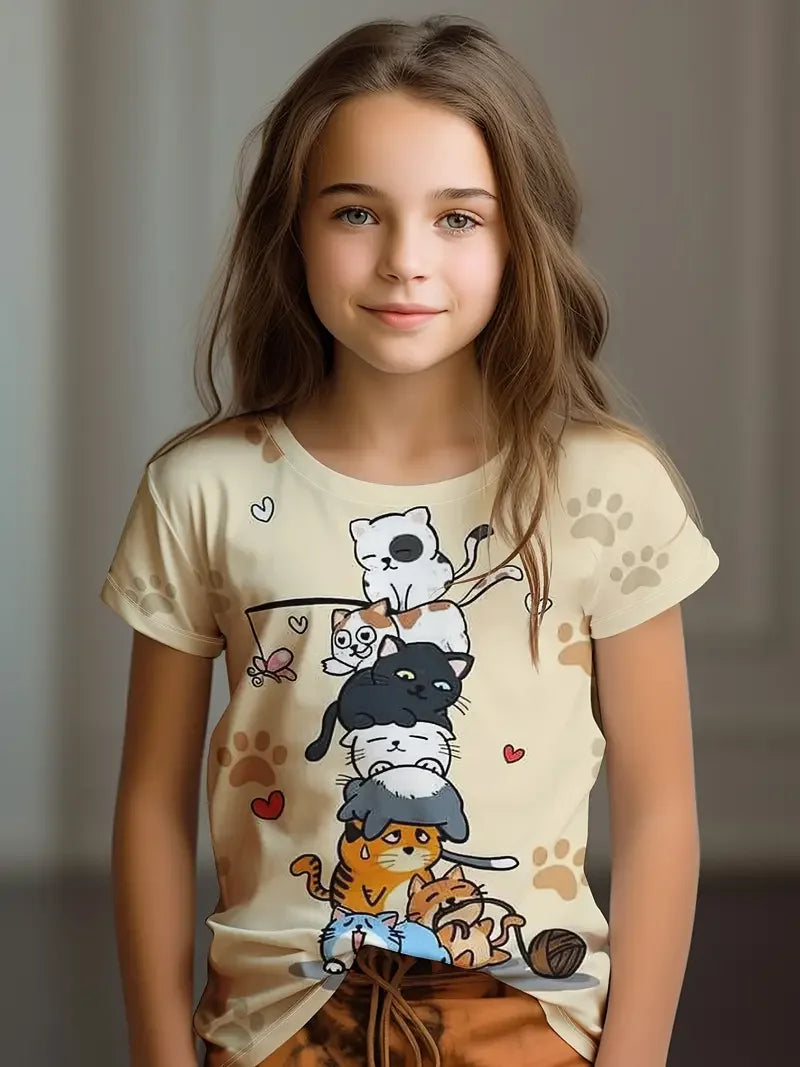 Kids T-Shirt, Cartoon Cat Kawaii Short Sleeve Top, Girls Summer Clothes