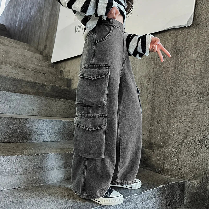 Multi-Pocket Denim Cargo Pants for Girls (6-14Y) – Spring Autumn Trousers