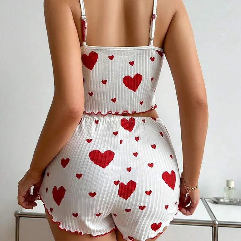 Women’s 2-Piece Pajama Set, Tank Top & Shorts, Soft Casual Sleepwear with Love Print