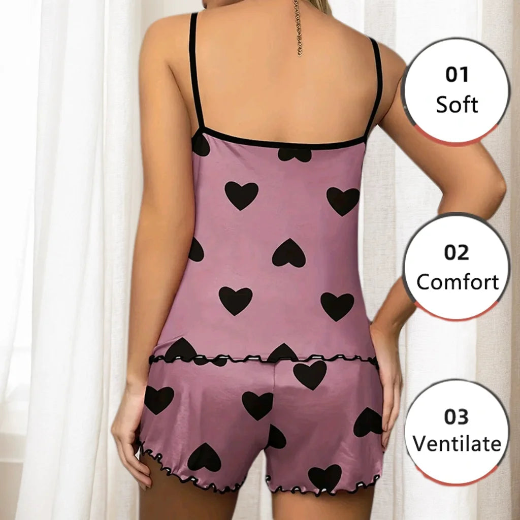 Women’s Heart Print Pajama Set, Ice Silk Camisole & Shorts, Summer Sleepwear