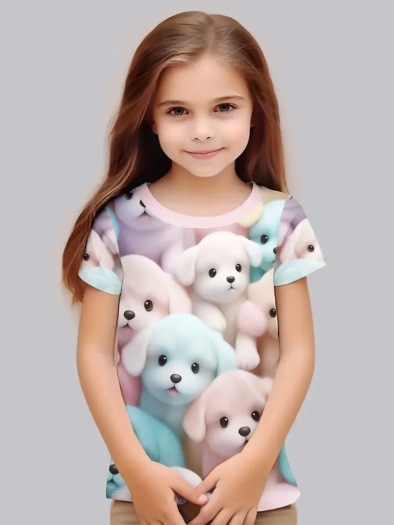 Kids T-Shirt, Cartoon Cat Kawaii Short Sleeve Top, Girls Summer Clothes