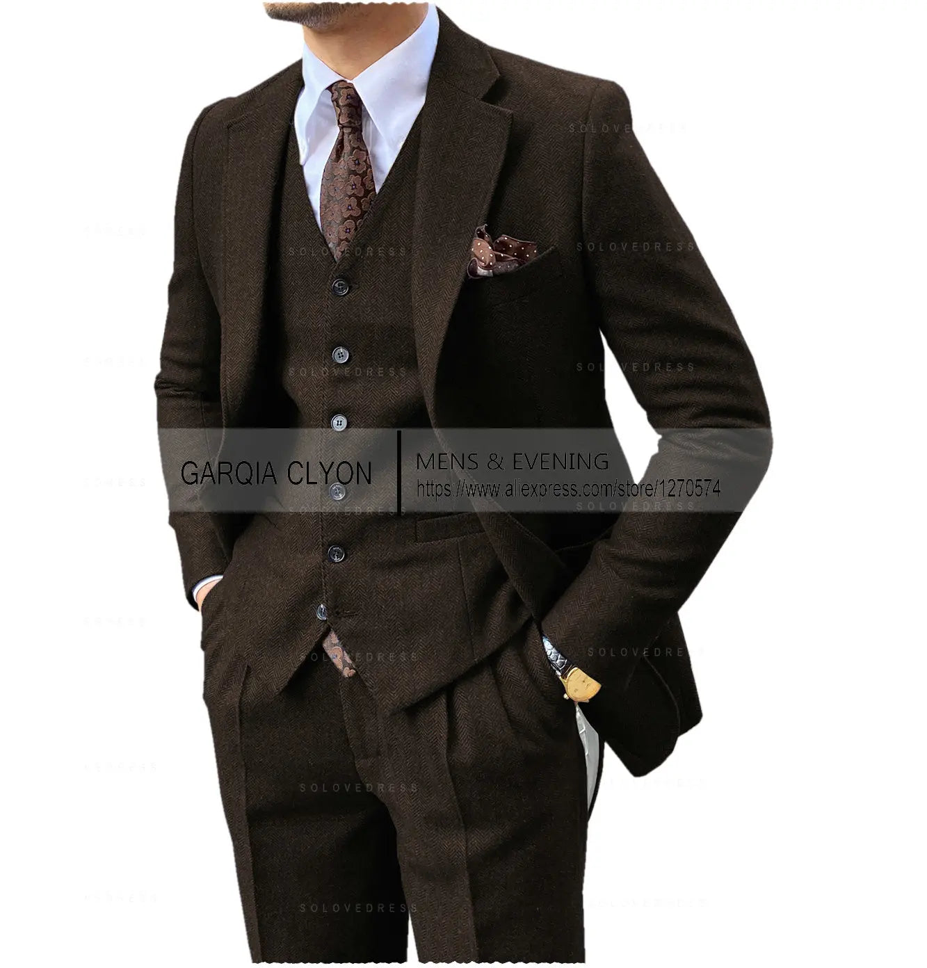 3-Piece Men's Tweed Suit | Slim Fit Herringbone Blazer, Vest & Pants Set
