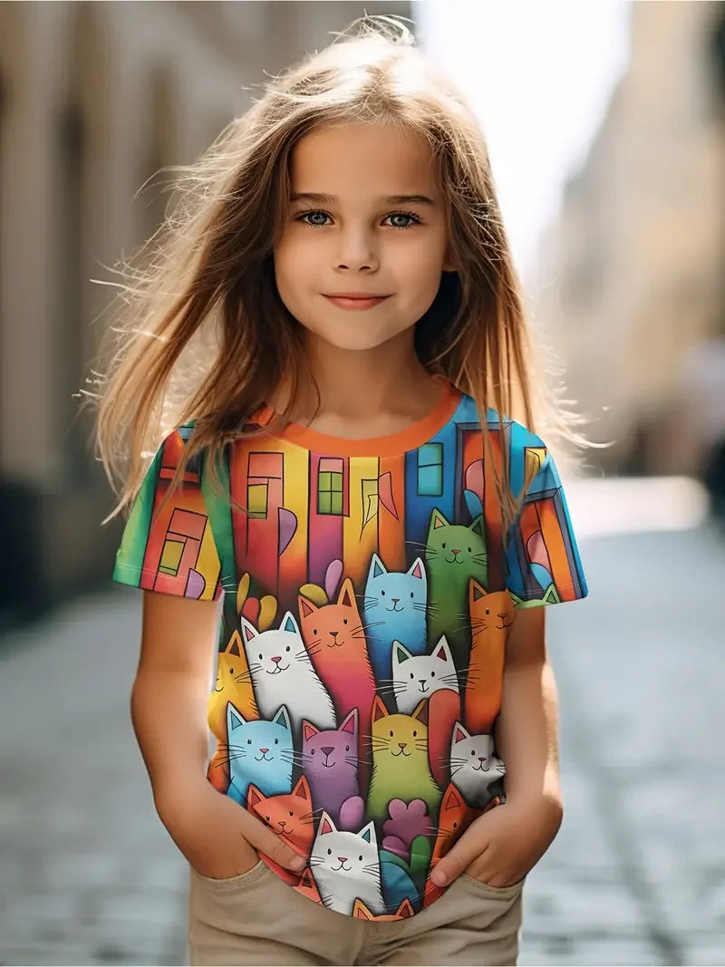 Kids T-Shirt, Cartoon Cat Kawaii Short Sleeve Top, Girls Summer Clothes