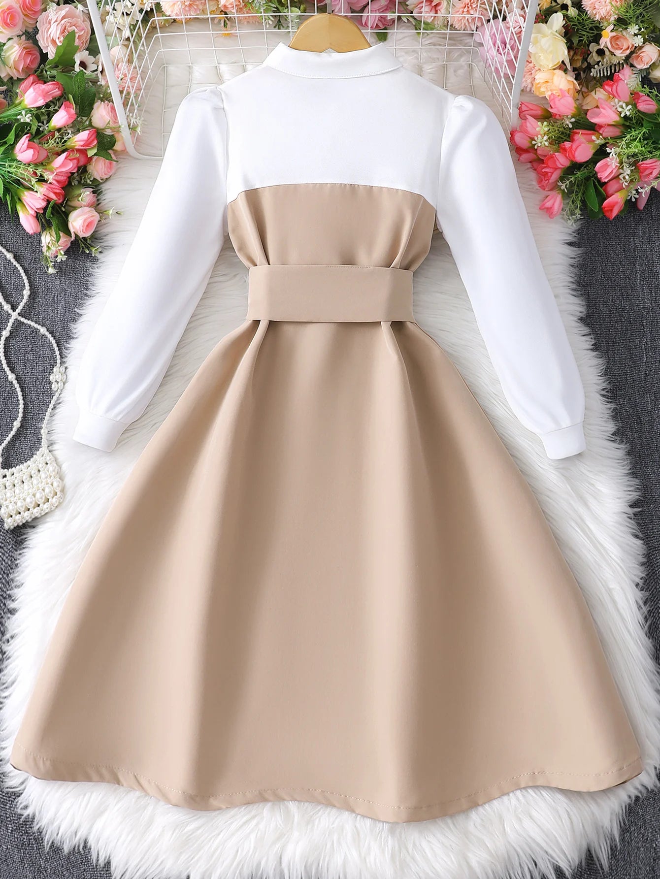 Girls' long sleeved lapel button patchwork contrasting dress