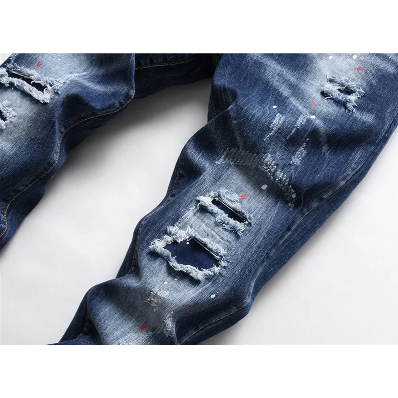 Indigo Blue Multi-Hole Denim, Hand-Painted, Worn-Out, Brushed Details