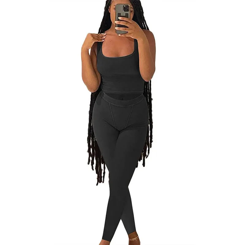Women’s Casual Workout Set, Ribbed Crop Tank & High Waist Yoga Leggings