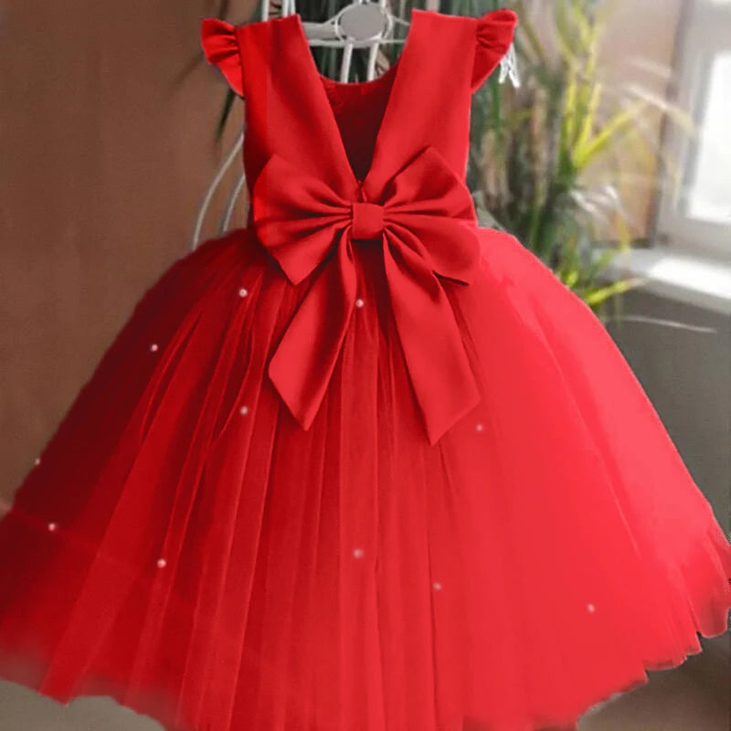 Toddler Girl Flower Tulle Dress, Backless Bow Wedding Gown, Princess Party Dress for Baby Girls
