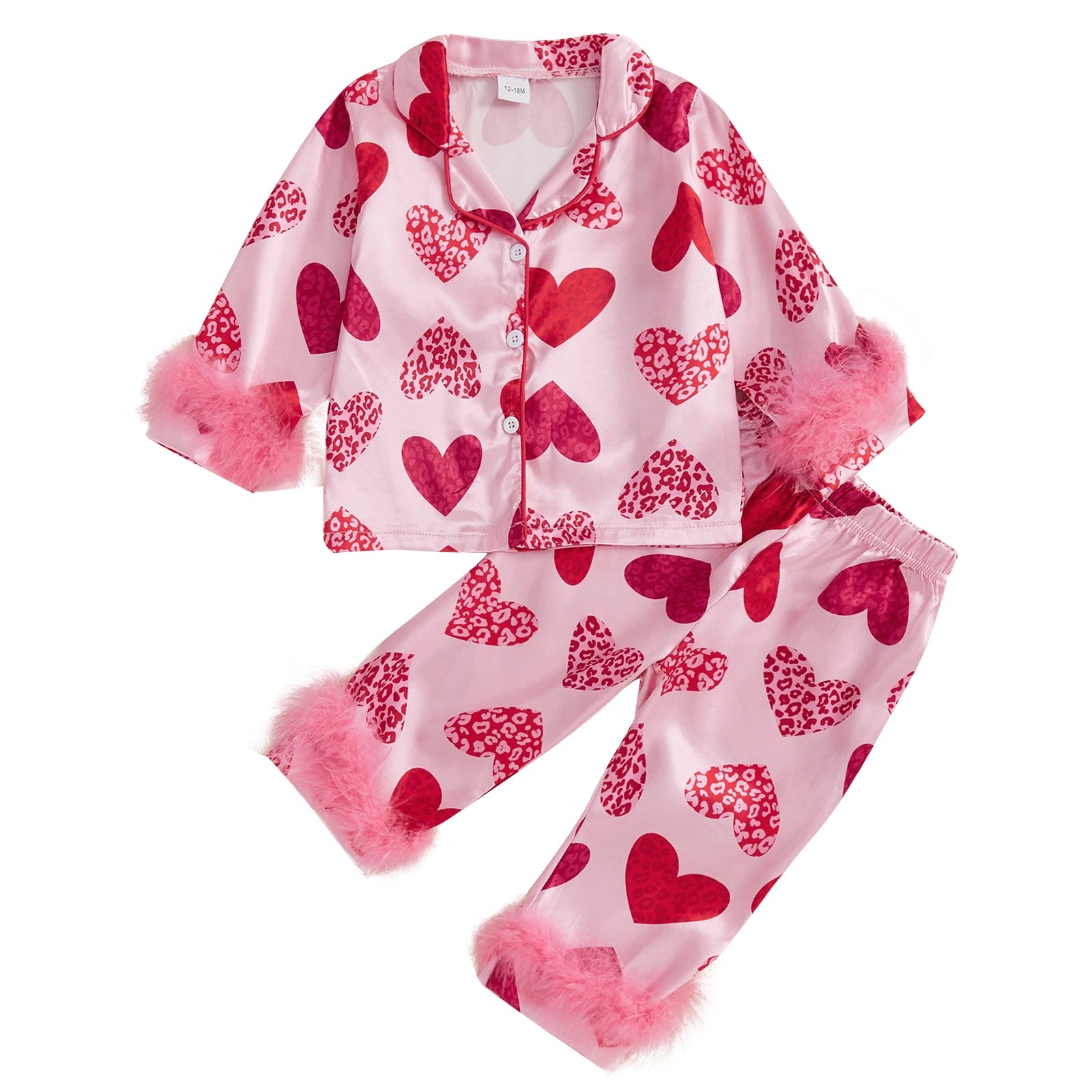 Kids Valentine's Pajama Set, Heart Print Long Sleeve Shirt & Pants with Feather Trim