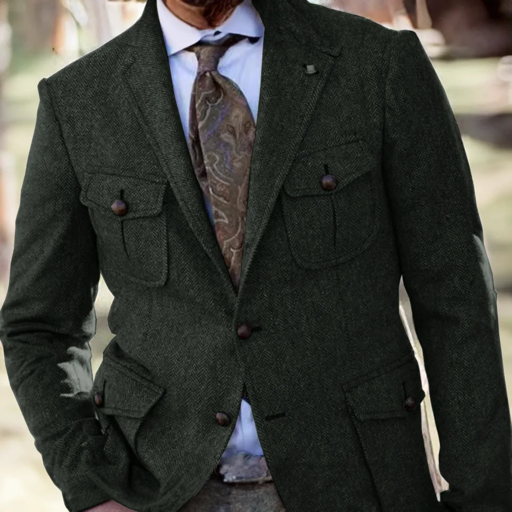 Men's Retro Herringbone Blazer Formal Wool Steampunk Jacket for Office Wear