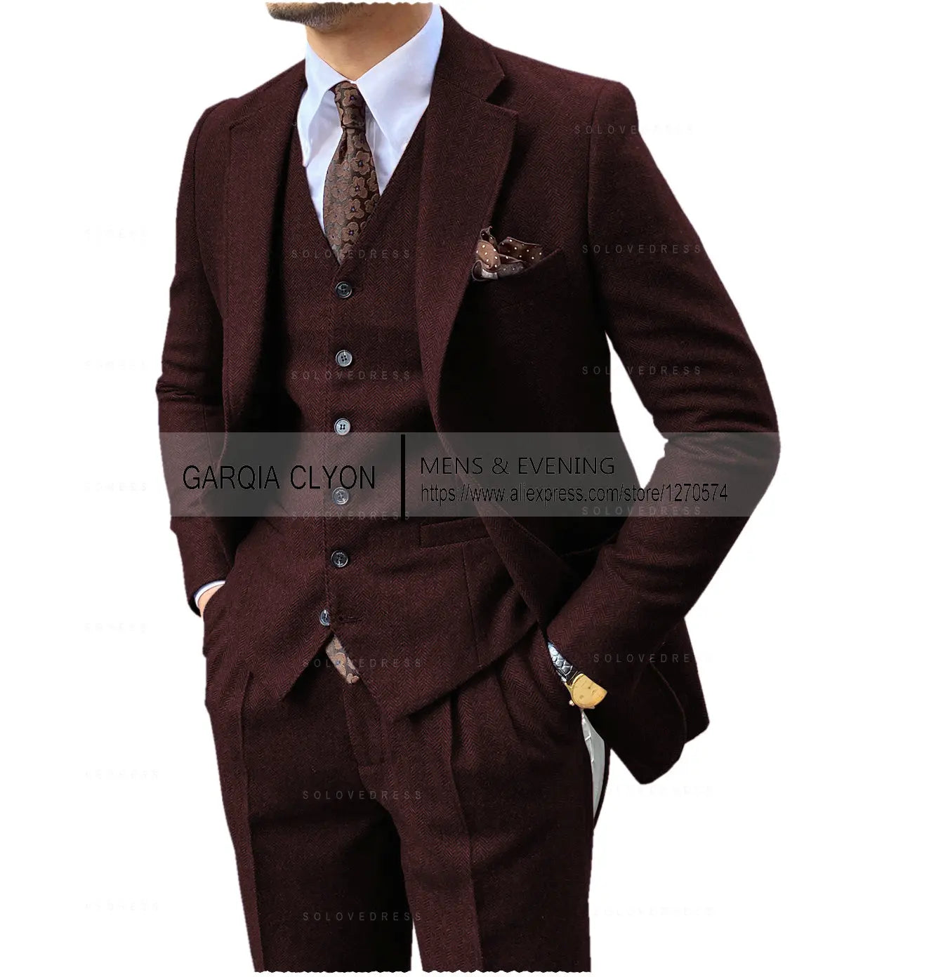 3-Piece Men's Tweed Suit | Slim Fit Herringbone Blazer, Vest & Pants Set