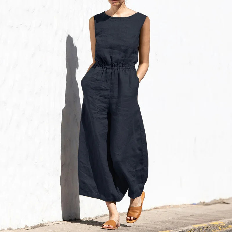 Summer Solid Color High Waist Women’s Casual Jumpsuit, O-Neck, Elegant Holiday Romper