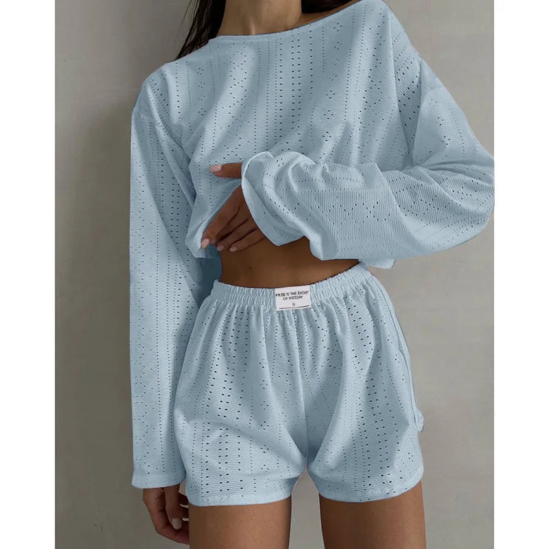 Women’s Spring Pajama Set – Long Sleeve Top & Shorts, Loose Round Neck Sleepwear