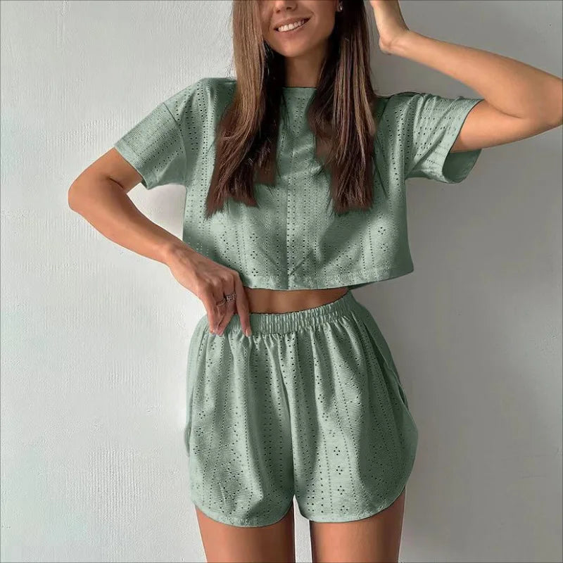 Women’s Spring Pajama Set – Long Sleeve Top & Shorts, Loose Round Neck Sleepwear