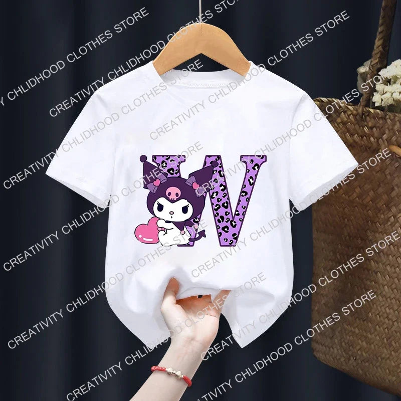 Children’s Cartoon T-Shirt, Letter A-D Anime Kawaii Top, Casual Short Sleeve